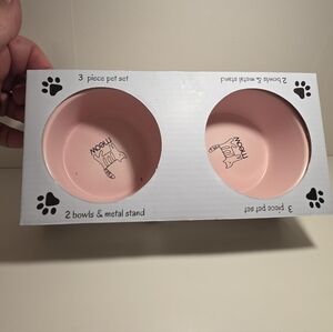 Ceramic Pet Bowl 3-Piece Set for Cats & Metal Stand New